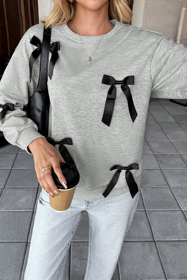 Fashionable Ribbon Bow Decorated Round Neck Loose Sweatshirt