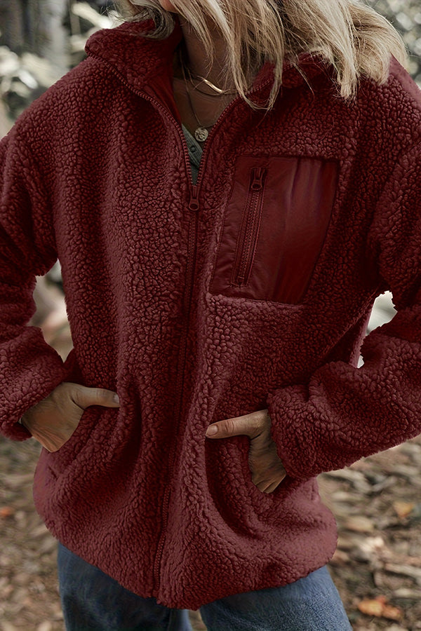 Solid Color Faux Cashmere Zip-up Pocket Casual Jacket