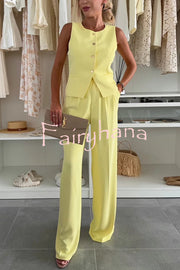 Workplace Chic Sleeveless Button Vest and Relaxed Pocket Wide Leg Pants Set
