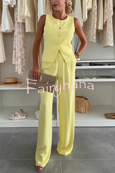 Workplace Chic Sleeveless Button Vest and Relaxed Pocket Wide Leg Pants Set