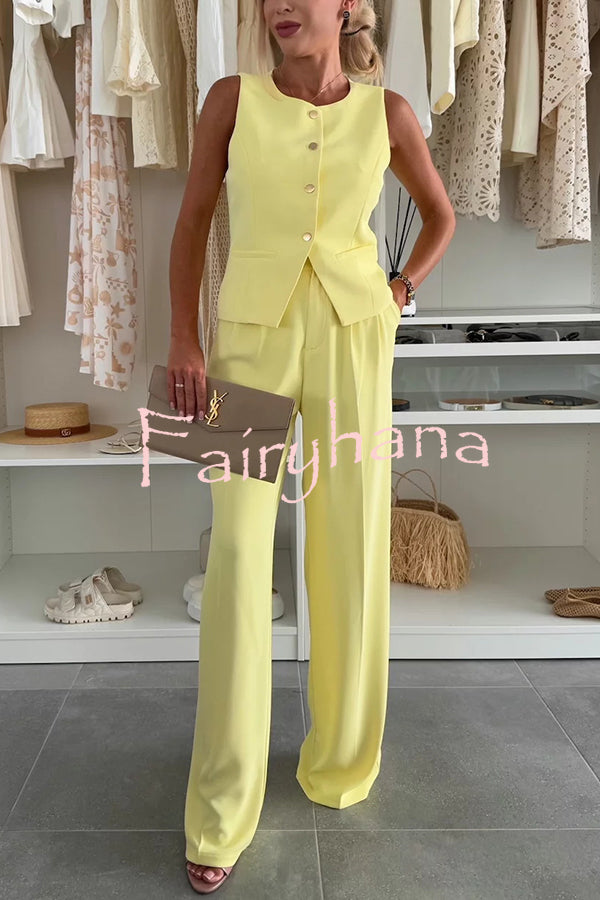 Workplace Chic Sleeveless Button Vest and Relaxed Pocket Wide Leg Pants Set