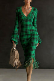 Unique Printed V-neck Long-sleeved Elegant Tassel Hem Midi Dress