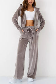 Solid Color Velvet Hooded Zip-up Sweatshirt and Elastic Waist Casual Pocket Straight-leg Pants Set