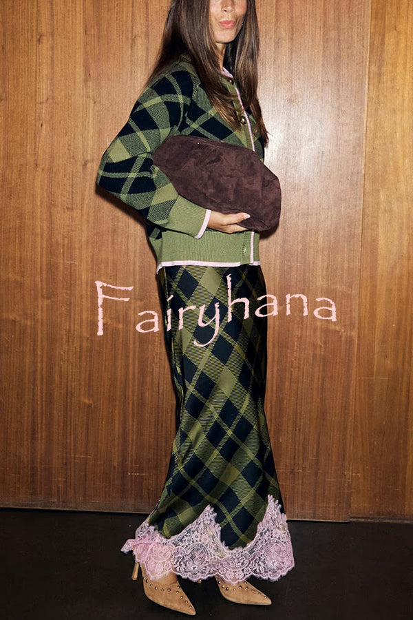 Holiday plaid Satin Unique Print Patchwork Lace Stretch Waist Draped Maxi Skirt