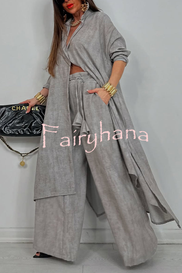 Solid Color Casual Loose Long Shirt and Elastic Waist Pocket Wide Leg Pants Set