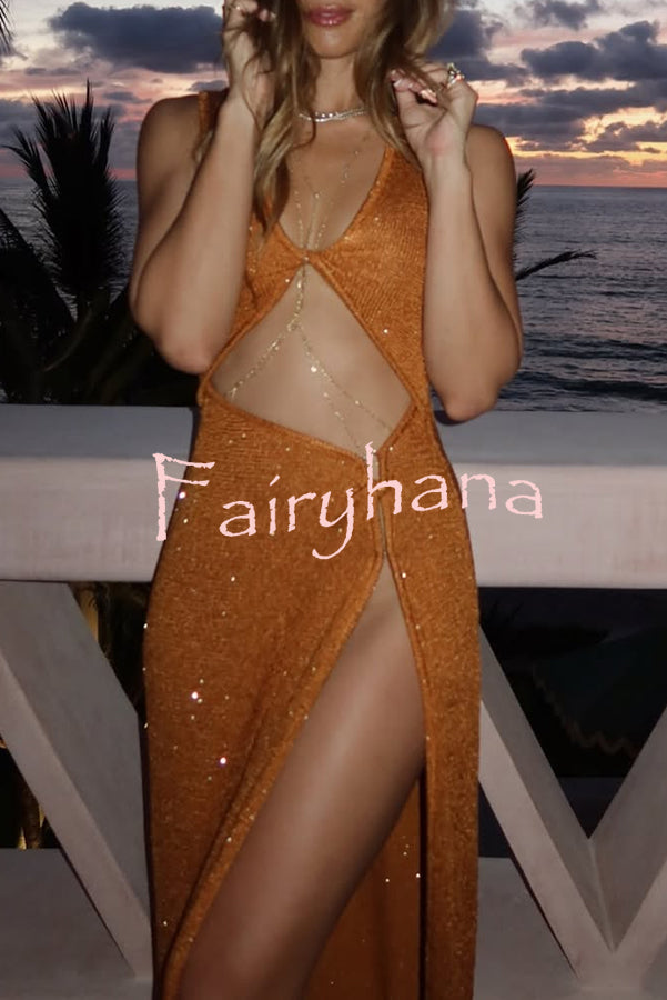 Beautiful Figure Shiny Knit Fabric Cutout Side Slit Stretch Vacation Maxi Dress