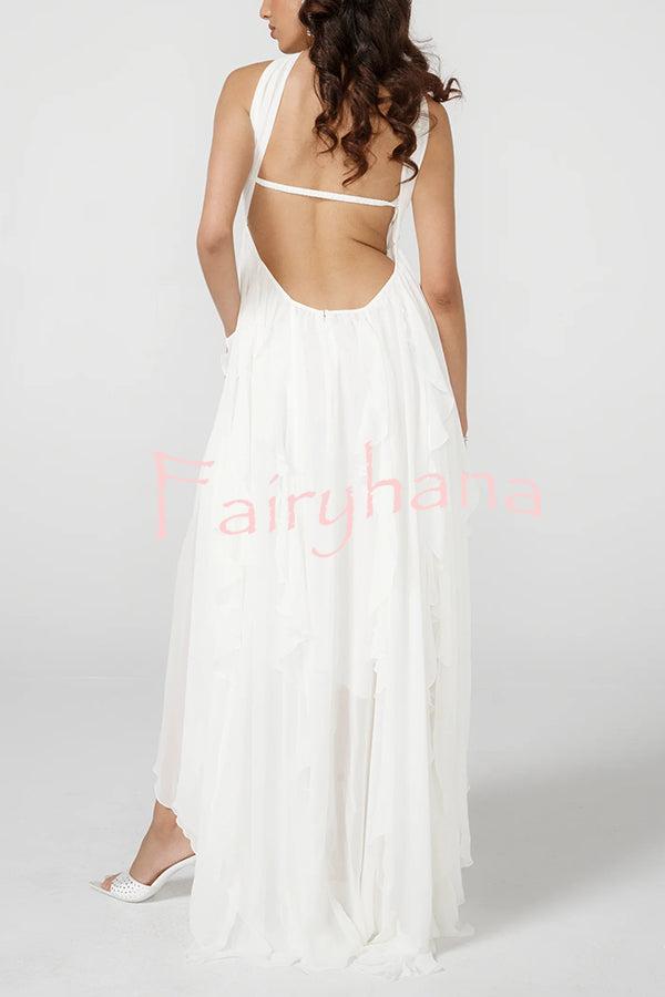 Resort Style Romantic Ruffles Open Back Stars Decorated Beach Maxi Dress
