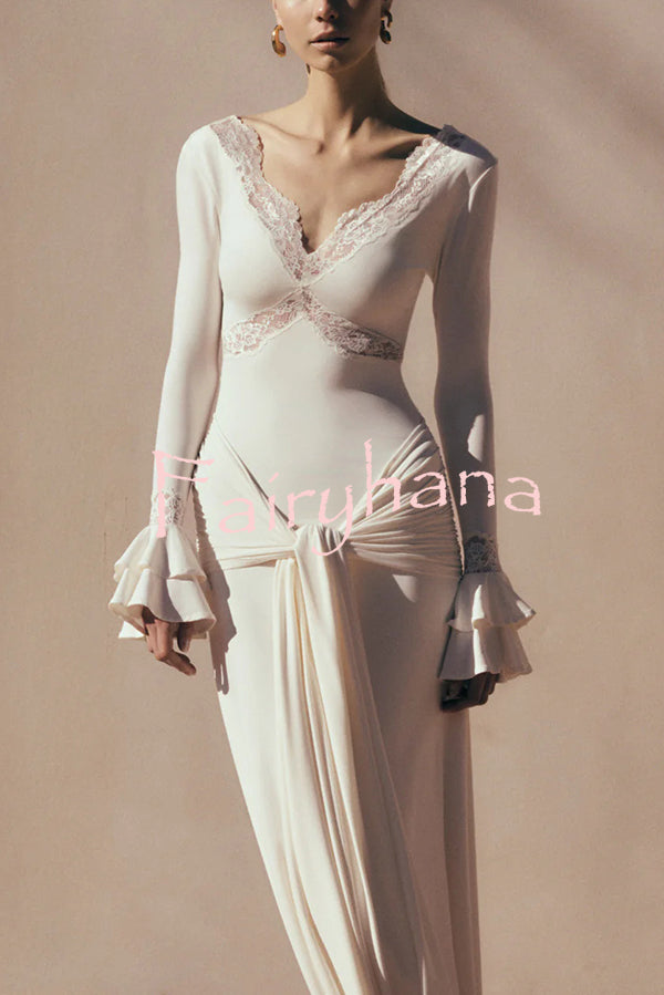 Fashion Lace Splicing Sexy V-neck Long-sleeved Slim Maxi Dress