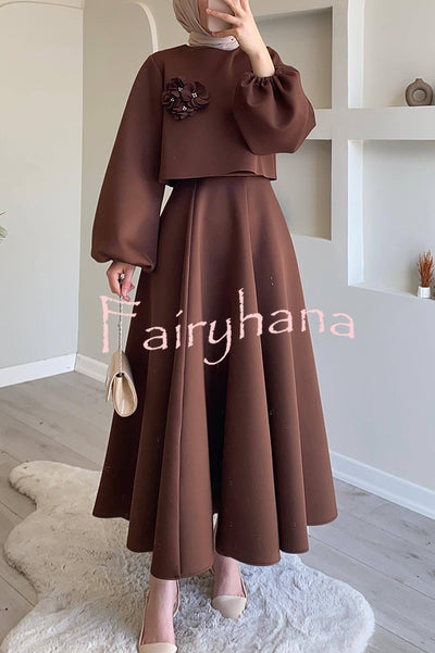 Solid Color Flower-embellished Lantern Sleeve Loose Top and Casual Maxi Skirt Set