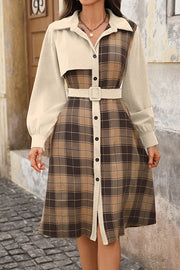 Retro Plaid Patchwork Casual Belt Workplace Style Midi Dress