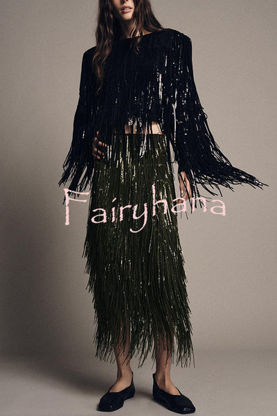 Stylish Sequined Tassel Elegant Midi Skirt