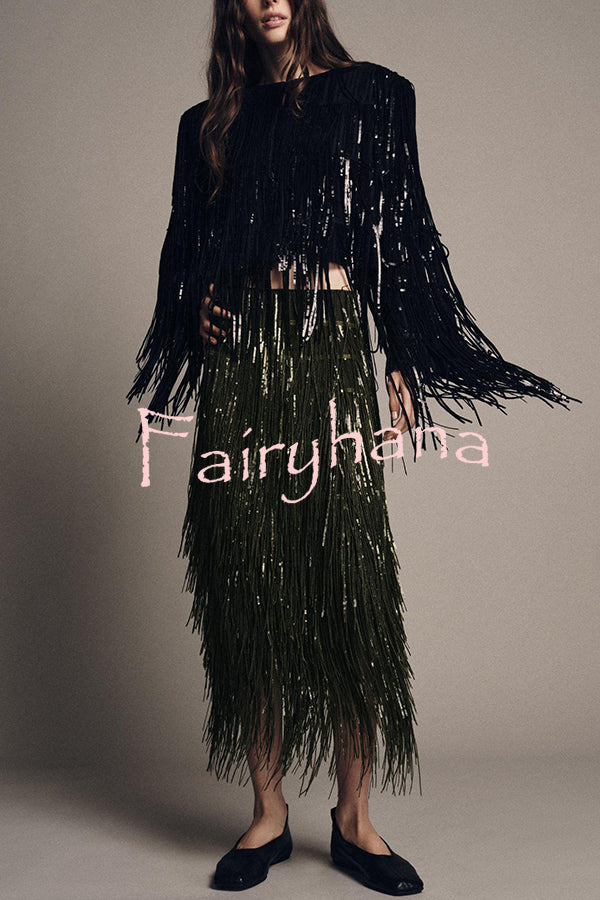 Stylish Sequined Tassel Elegant Midi Skirt