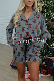 Teddy Bear Satin Striped Short Sleeve Shirt and Velvet Elastic Waist Pocketed Pajama Set