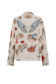 Angel Wings Denim Unique Print Button Up Long Sleeve Pocketed Relaxed Jacket
