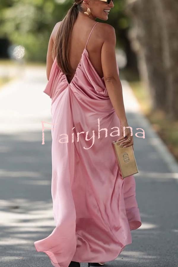 Venus Satin V-neck Draped Pleated Slip Loose Maxi Dress
