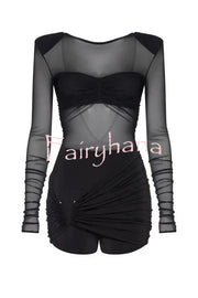 Sexy Mesh See-through Long-sleeved Backless Pleated Rompers