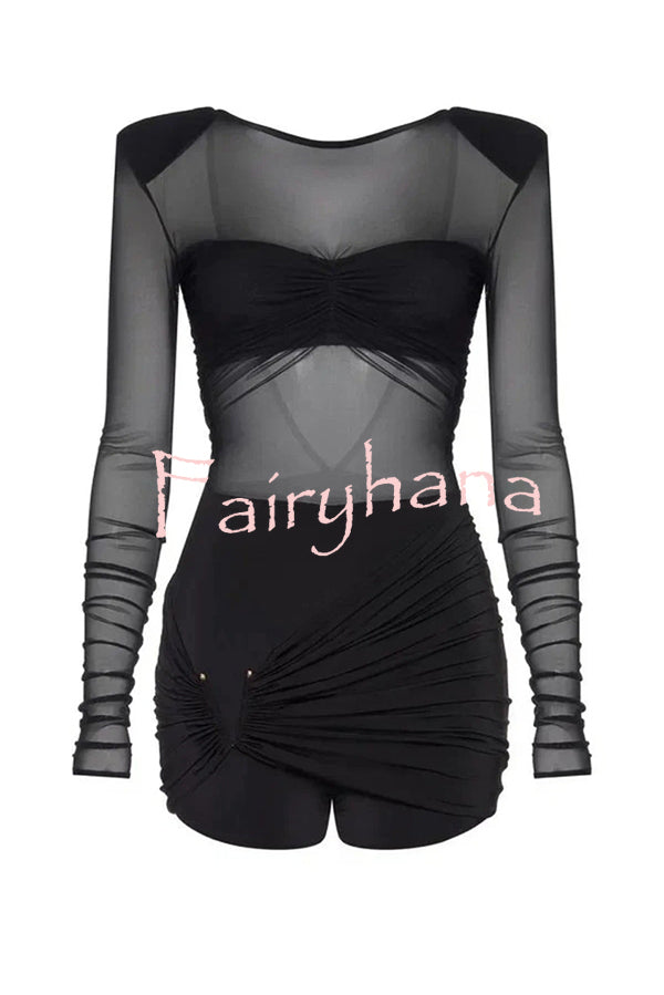 Sexy Mesh See-through Long-sleeved Backless Pleated Rompers