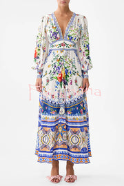 Fairy Tale Print V-Neck Lantern Sleeve Waist Maxi Dress