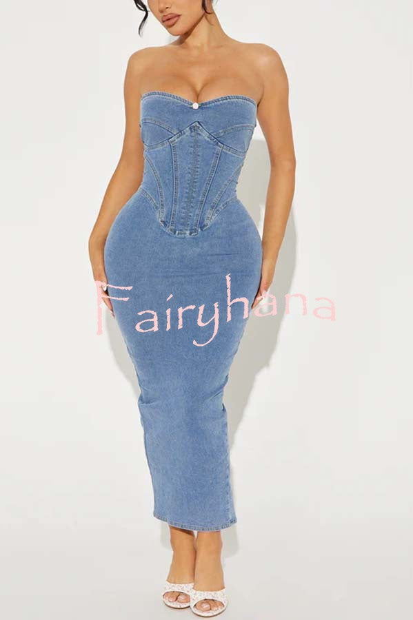 Cutie Denim Rosette Detail Corset Off Shoulder Stretch Maxi Dress