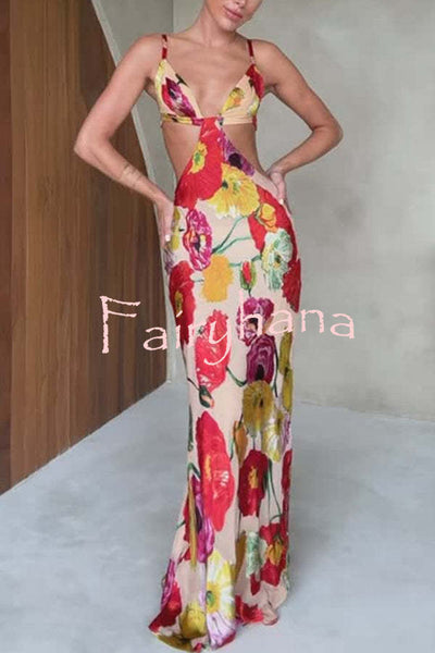 Hawaiian Dreams Satin Floral Print Cutout Backless Maxi Dress