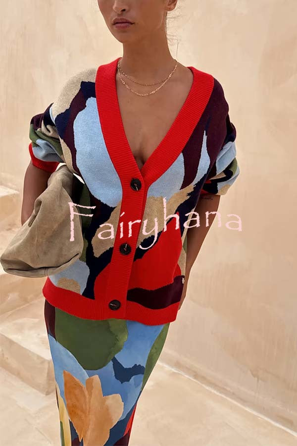 Bright and Bold Knit Abstract Color Blocks Button Long Sleeve Loose Cardigan