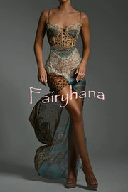 Chiffon Leopard Print Sexy Lace Splicing High Slit Slim Maxi Dress