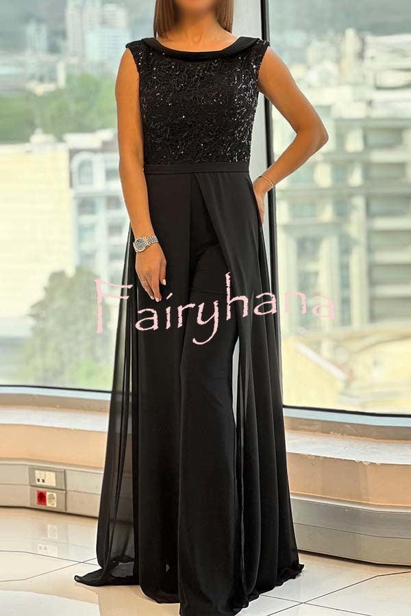 Officially Shining Crew-neck Sequin Textured-panel Tulle Cape Jumpsuit