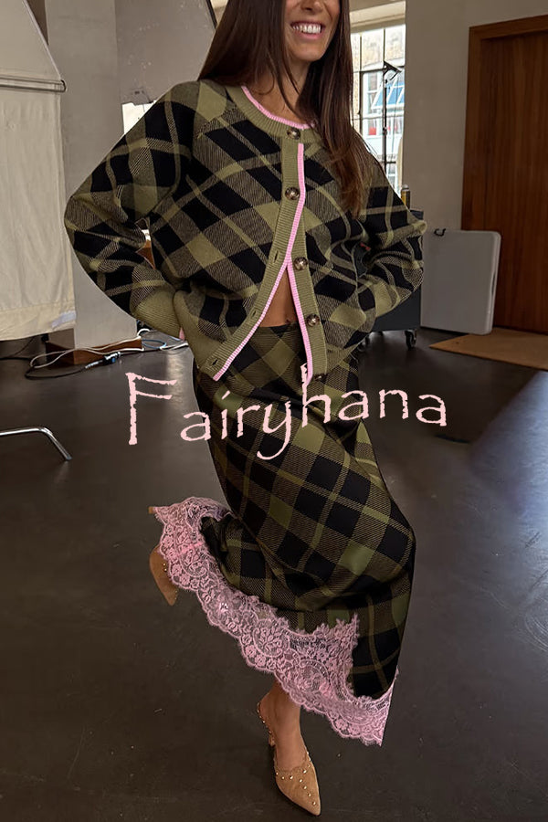 Holiday Plaid Knit Color-blocked Trim Button Long-sleeved Loose Cardigan