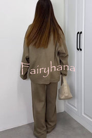 Solid Color V-neck Tie Long-sleeved Loose Knit Cardigan and Elastic Waist Casual Straight Leg Pants Set