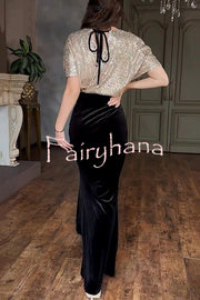 Elegant V-neck Sequined Velvet Stitching Sexy Slit Maxi Dress