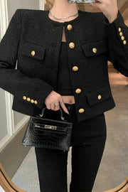 Solid Color Round Neck Long Sleeve Button Pocket Short Coat