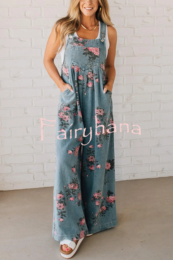 Fashion Floral Print Casual Button Pocket Loose Denim Overalls
