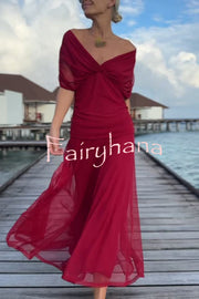 Unique Printed V-Neck Waisted Mesh Holiday Maxi Dress