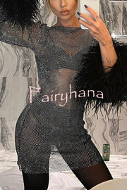 Night Surprise Rhinestone Fabric Feather Sleeve Party Mini Dress