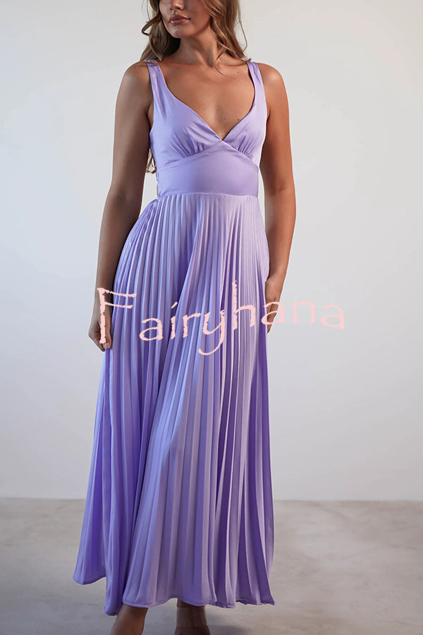 Satin Solid Color Sexy V-Neck Pleated Maxi Dress