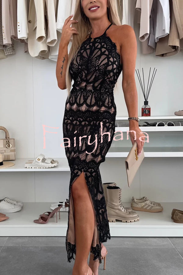 Paulette Unique Lace Halter Backless Slit Stretch Midi Dress