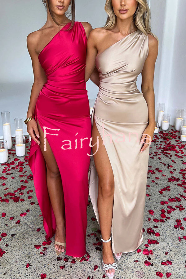 Fits Your Curves Satin One Shoulder Drape Slit Maxi Dress