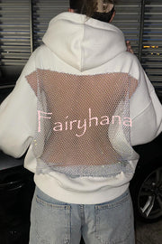 Fashionable Shiny Mesh Hollow Back Loose Long-sleeved Hooded Sweatshirt
