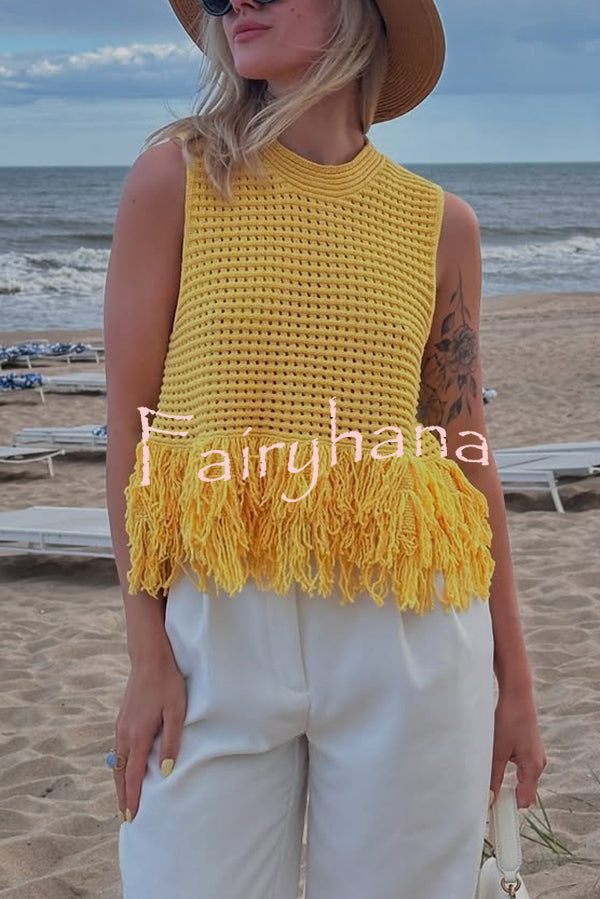 Solid Color Round Neck Sleeveless Hollow Tassel Loose Vest