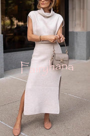 Solid Color Sleeveless Knitted Elegant Waist Midi Dress