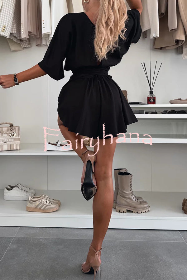 Stylish Comfortable V-neck Wide Sleeve Tie-up Loose Romper