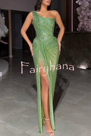 Elisabeth Sequin Pleated Design One Shoulder Slit Drape Gown Maxi Dress