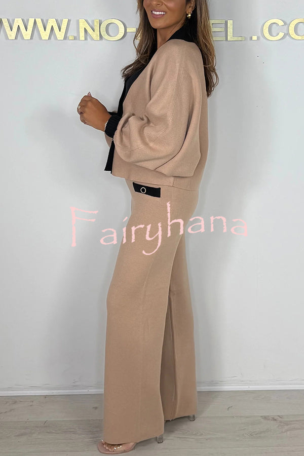 Fashion Contrast Color V-neck Loose Cardigan and Elastic Waist Casual Pants Set