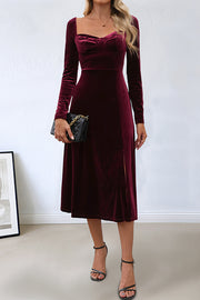 Solid Color Velvet Square Neck Long Sleeve Slit Midi Dress
