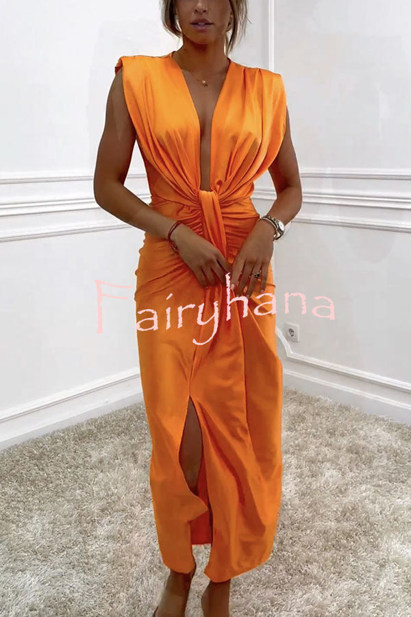 Classic and Sexy Dates V-neck Ruched Drape Slit Midi Dress