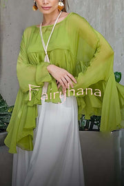 Romantic Journey Chiffon Ruffle Batwing Sleeve Top and Elastic Waist Pocket Loose Pants Set
