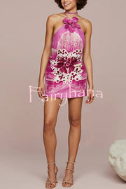 Artistic Flavor Linen Blend Printed Orchid Shape Halter Mini Dress