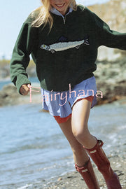 Fashionable Fish Pattern Round Neck Loose Knitted Sweater