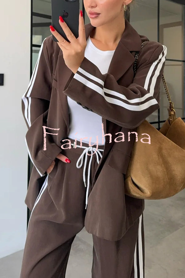 Levvie Striped Trim Long Sleeve Lapel Blazer and Rope Belt Pocketed Wide Leg Pants Set