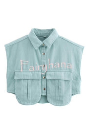 Stylish Weekend Denim Button Up Cape Sleeve Pocket Crop Top